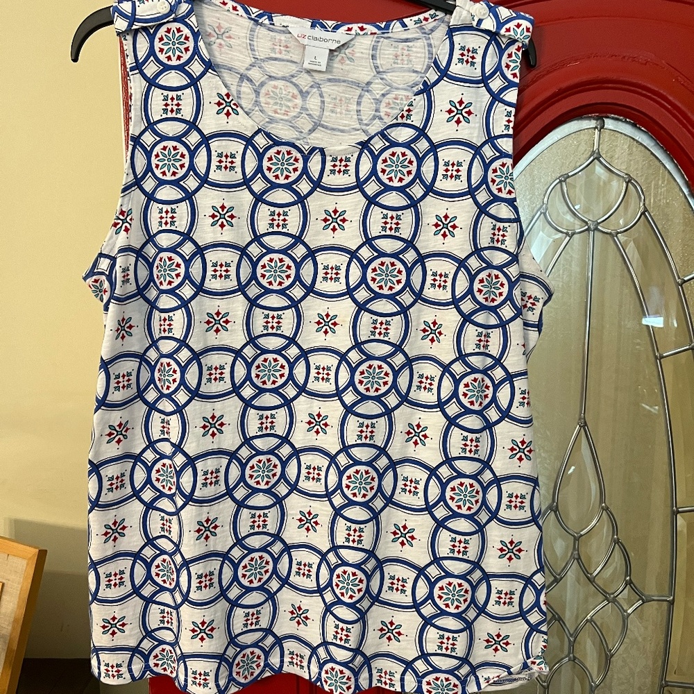Liz Claiborne tank top, size L, white and navy with red and teal accents